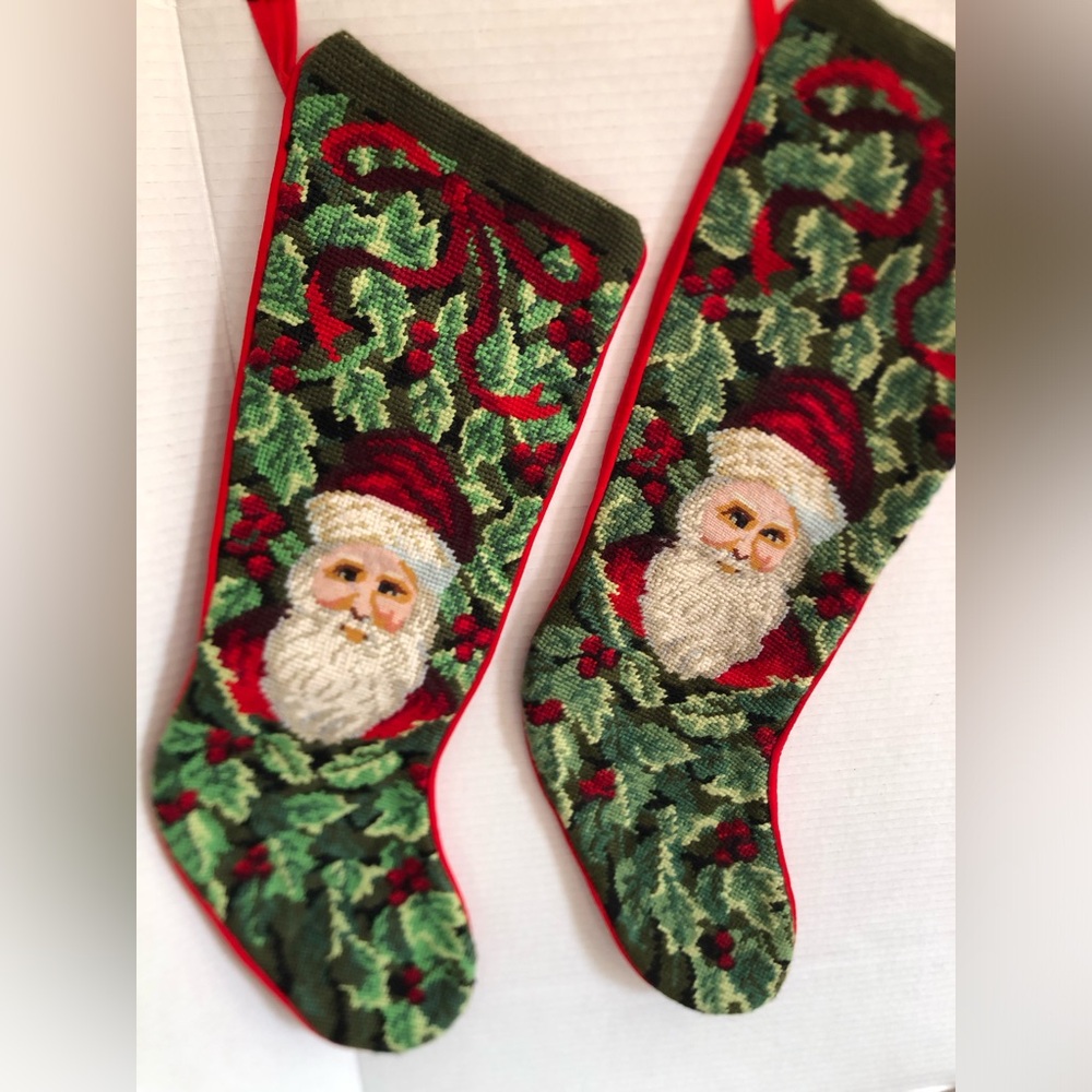 Santa Needlepoint Christmas Stocking Pair